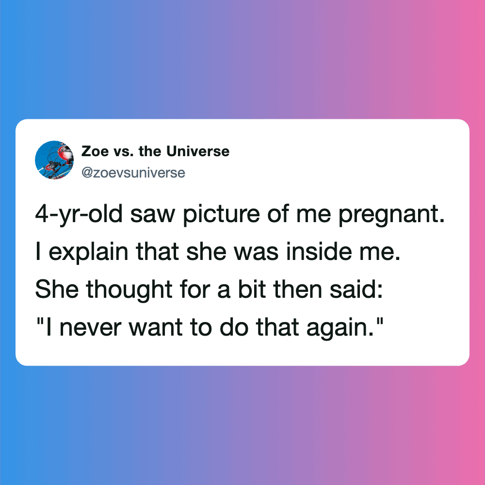 Humorous pregnancy tweet about a child's reaction to a photo.