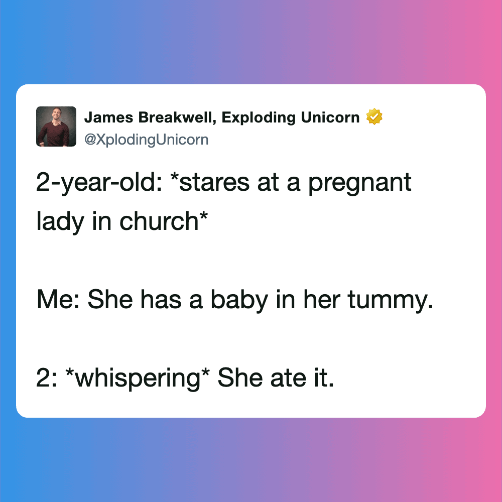 Humorous pregnancy tweet about a toddler staring at a pregnant woman in church.