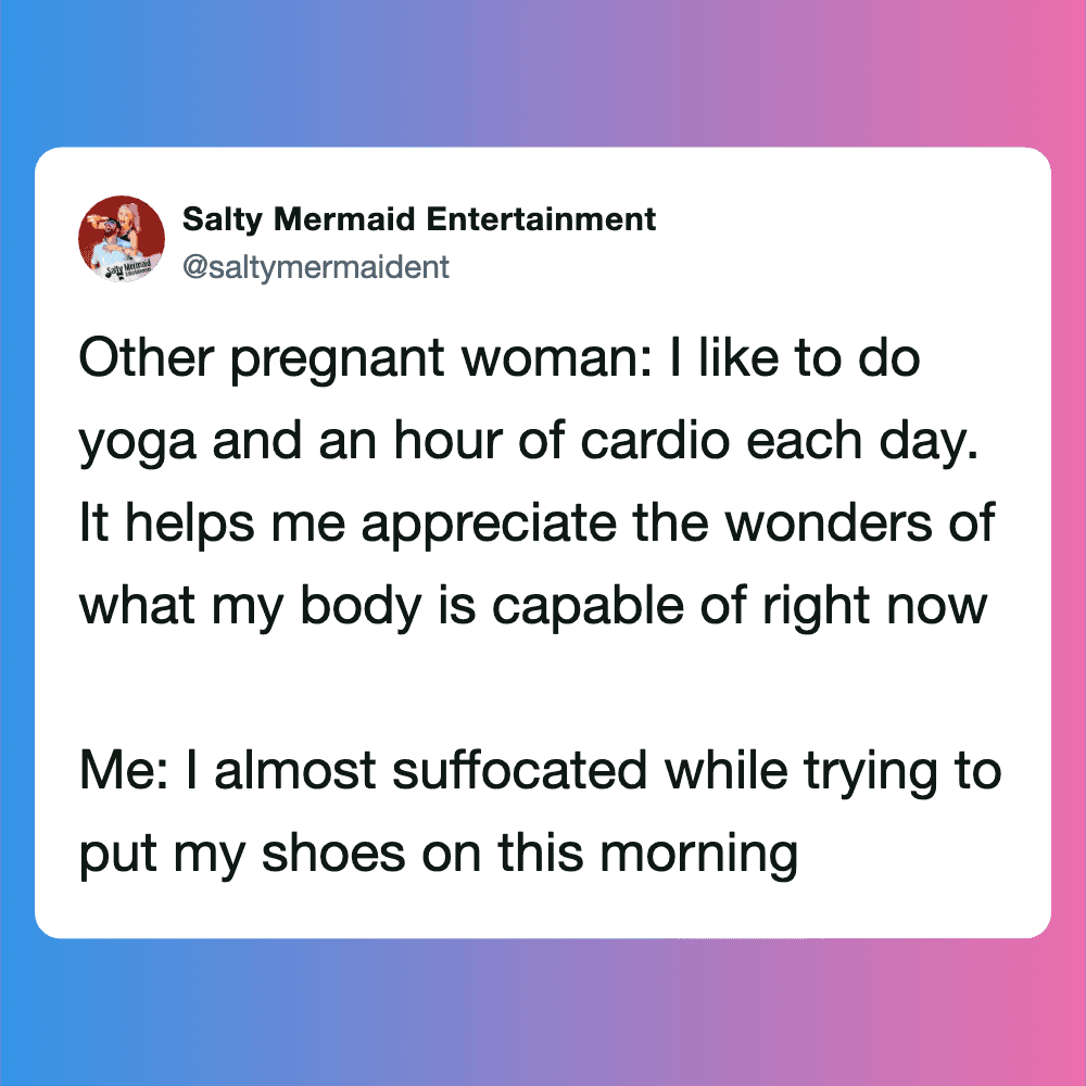 Humorous pregnancy tweet about yoga and cardio struggles.
