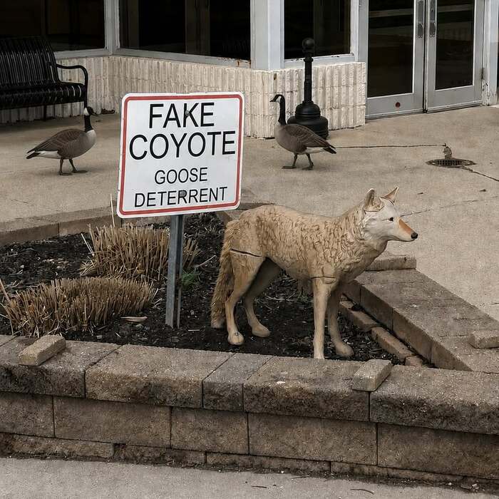 Fake coyote figure placed near a sign to deter geese, mimicking a real predator for bird control.