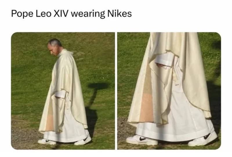 Pope Leo XIV wearing Nike sneakers in a humorous religious context.