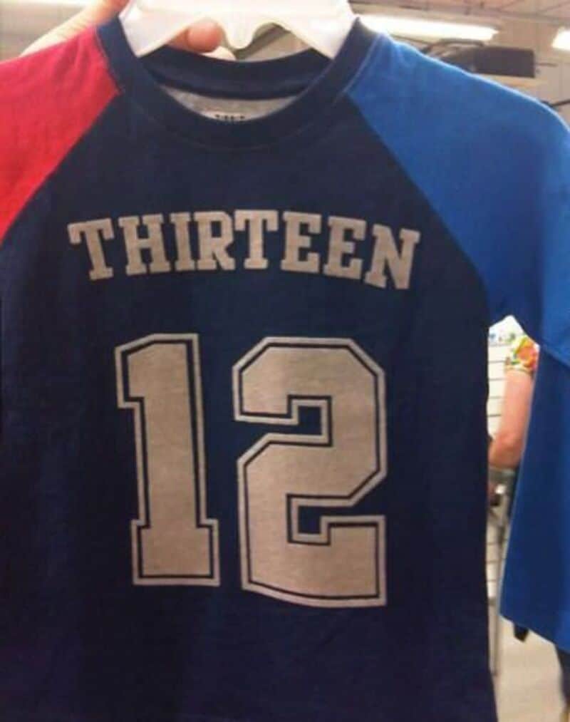 Kids' sports jersey with "Thirteen" and number 12, colorful design.