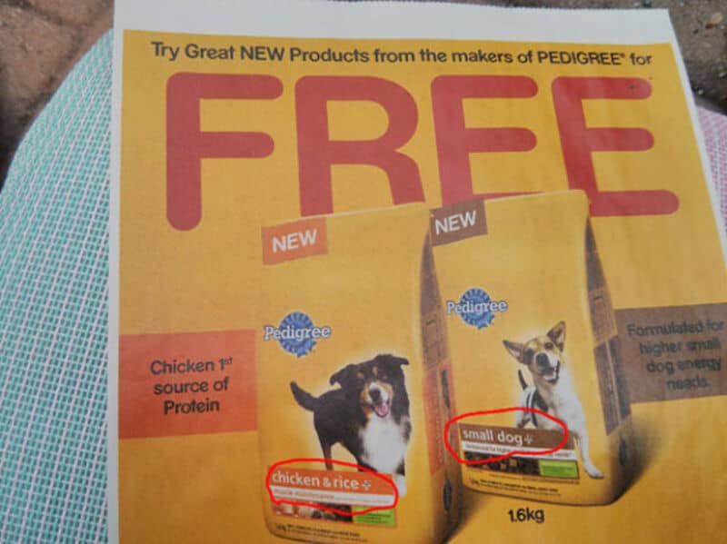 Pedigree dog food bags featuring small dog and chicken & rice flavor.