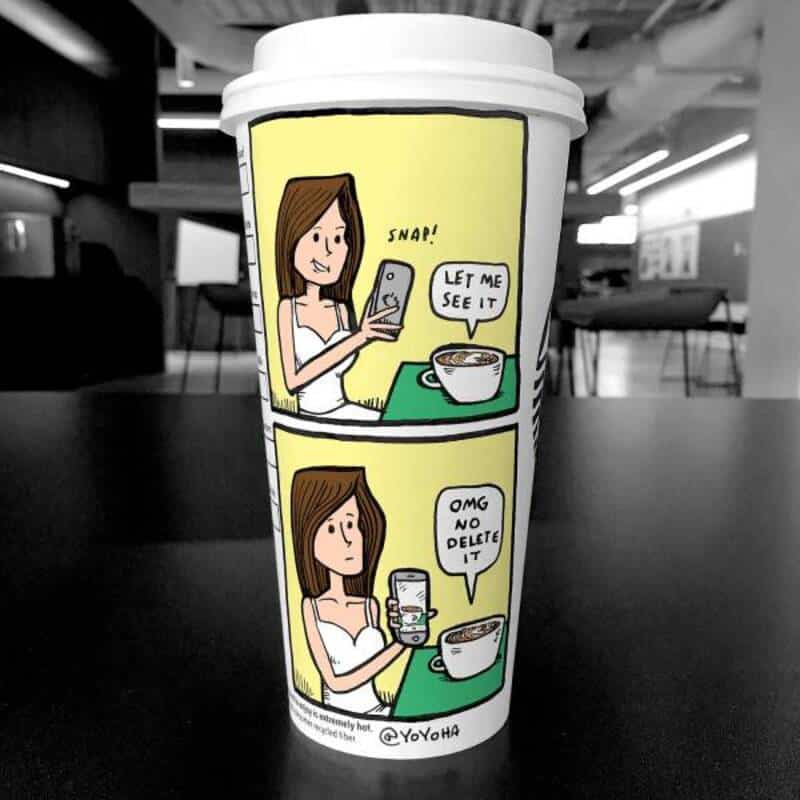 Funny cartoon of a girl taking a selfie and reacting to a coffee cup, highlighting humor and relatab.