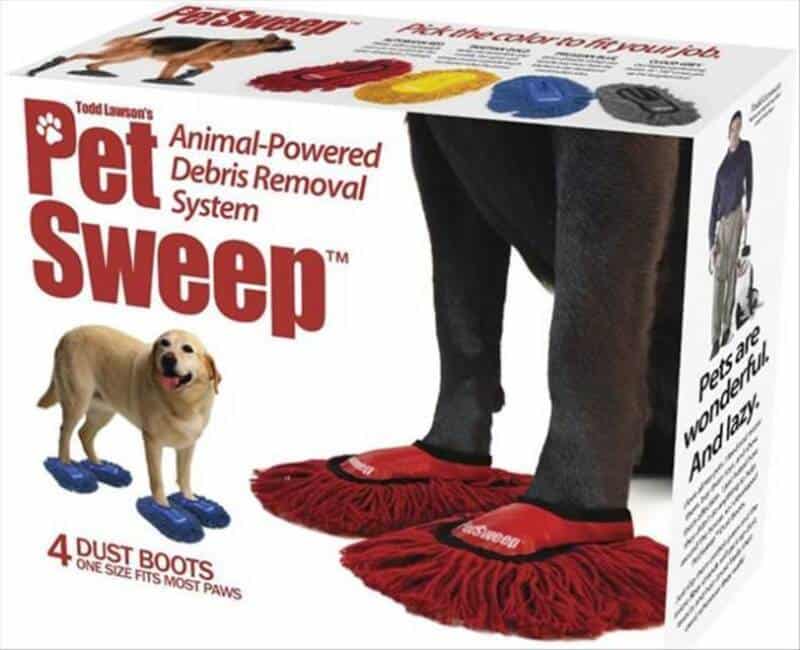 Pet Sweep system with dust boots for cleaning pet paws, shown with a dog and person in slippers.