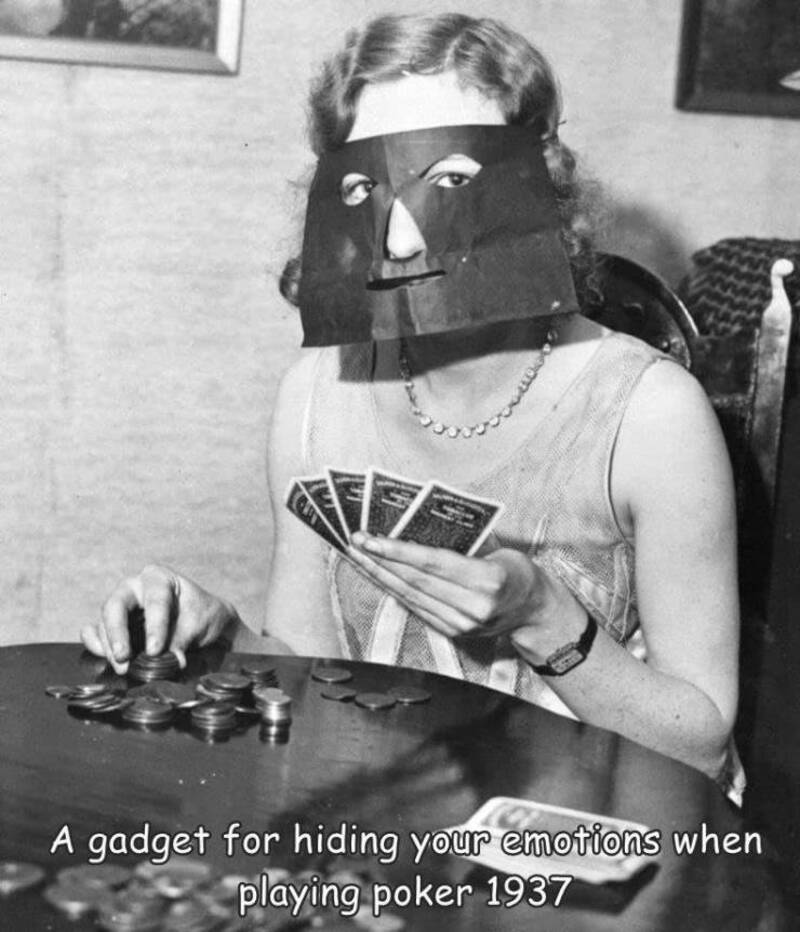 Funny vintage woman with a paper mask playing poker, capturing a humorous moment from 1937.