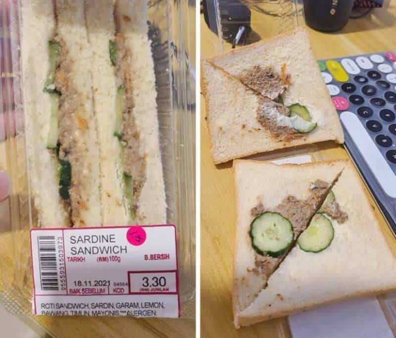 Sardine sandwich with cucumber slices and lemon, shown in a clear container and on a plate. Perfect.