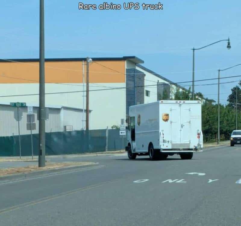 White albino UPS delivery truck on city street.
