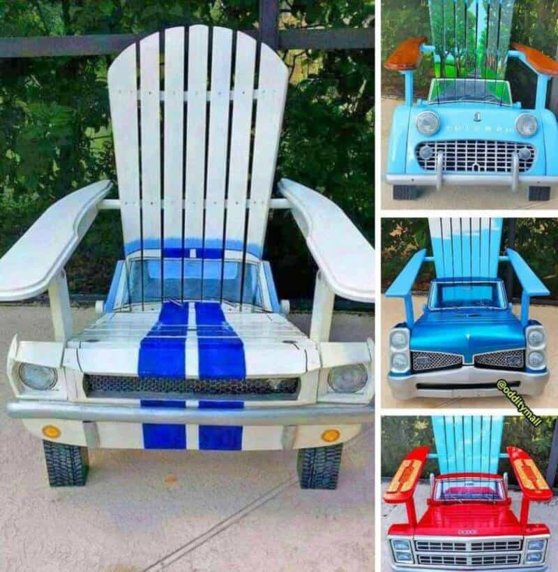 Adirondack chair crafted from recycled car parts, painted in white and blue, perfect for outdoor dec.