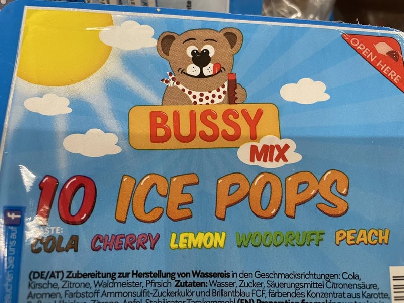 Bussy Mix Ice Pops with flavors like cola, cherry, lemon, woodruff, and peach.