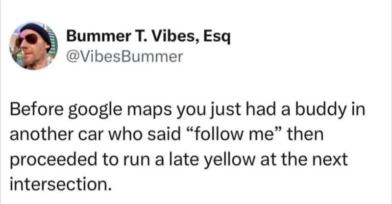 Humorous tweet about a car encounter with a yellow vehicle and a follow me request.
