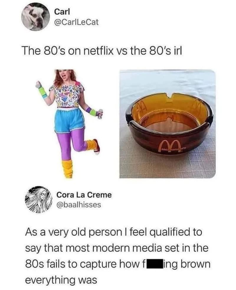 Retro 80s fashion and modern ashtray side by side.