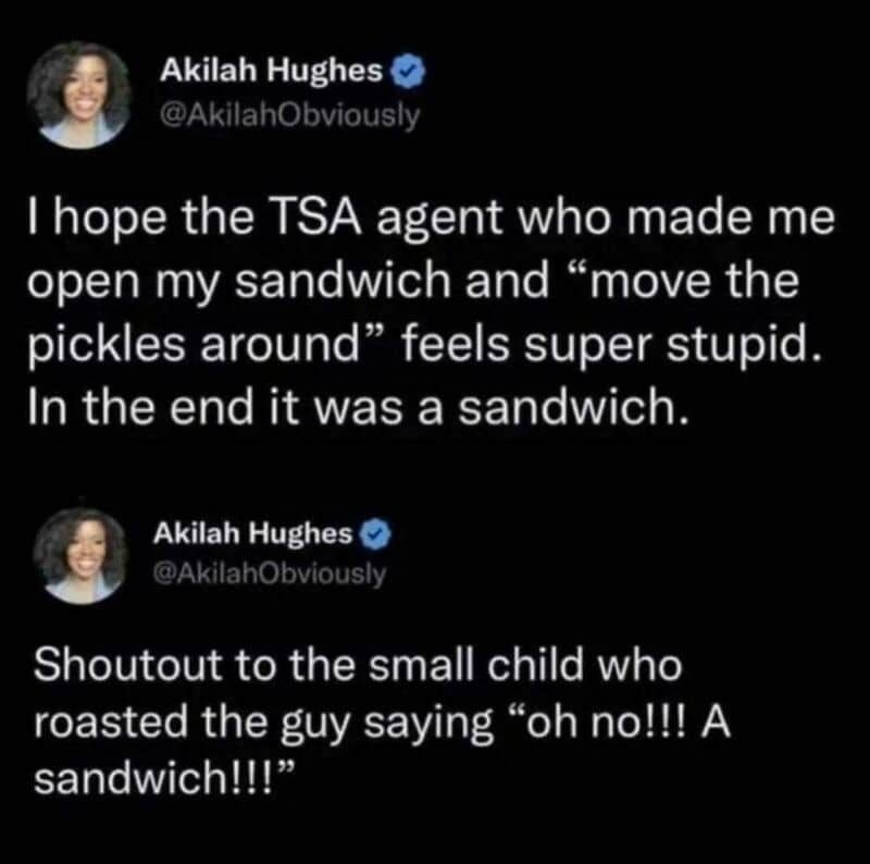Humorous image of a tweet about TSA and a child's sandwich comment.