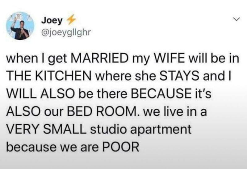 Humorous meme from Pleated Jeans featuring a funny quote about marriage and living in a small apartm.