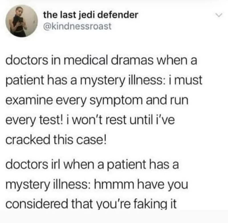 Humorous medical meme about doctors diagnosing mystery illnesses with a funny twist.