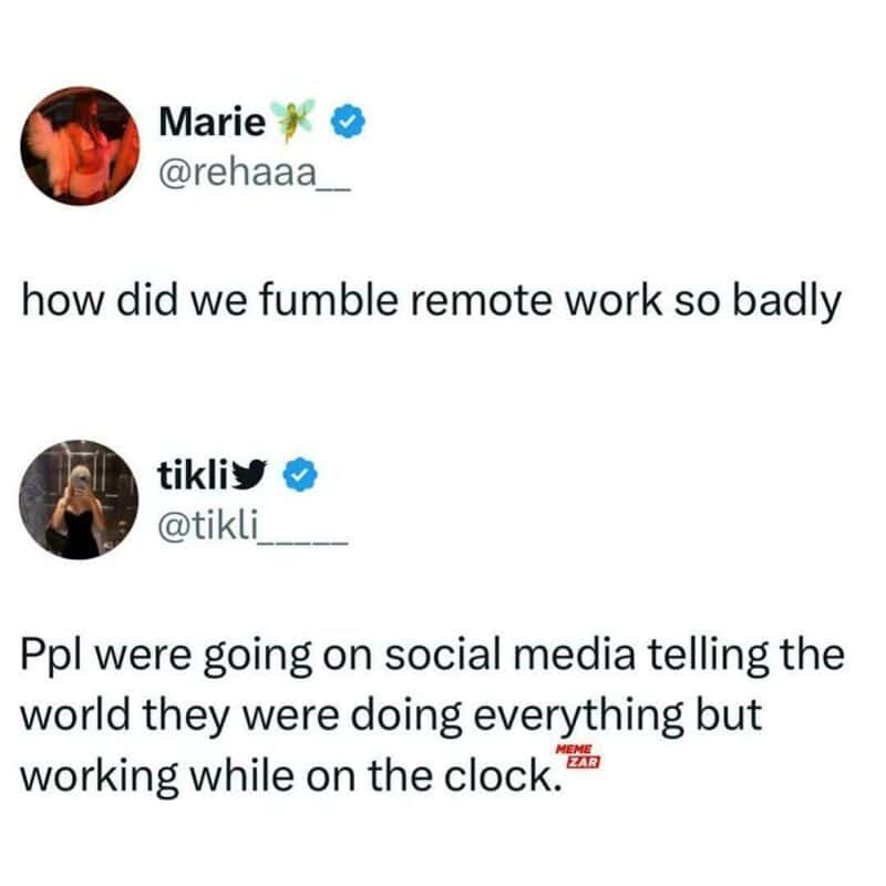 Humorous meme about remote work struggles and social media distractions.