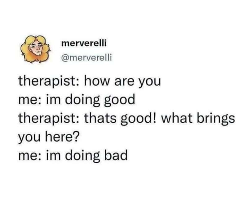 Funny therapy session meme with dialogue about doing good and bad.
