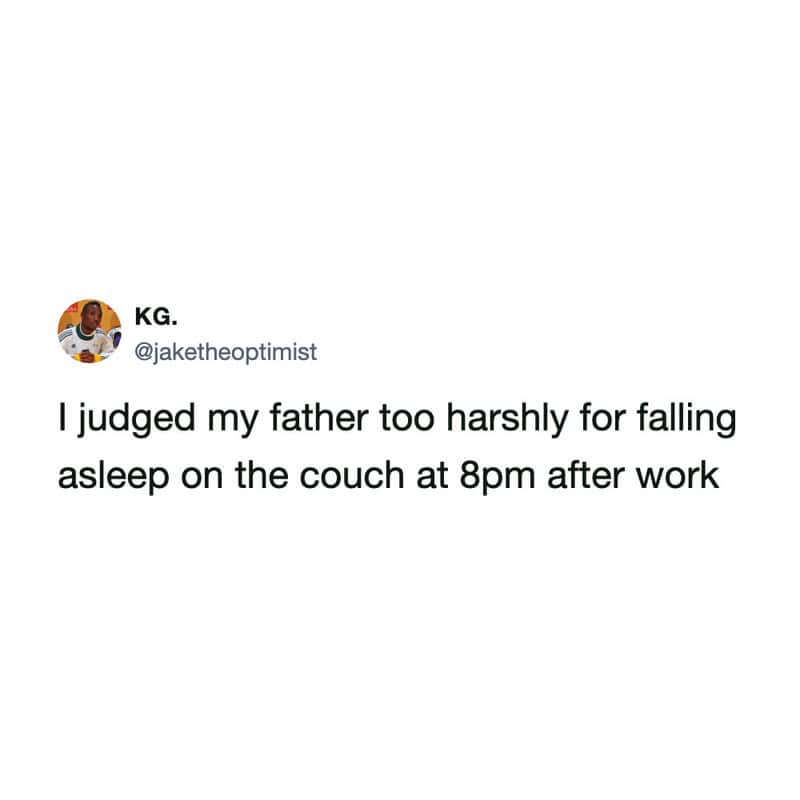 Funny meme image from Pleated Jeans about judging a father for falling asleep on the couch.