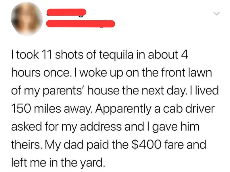 Humorous meme of a person taking tequila shots on a lawn.