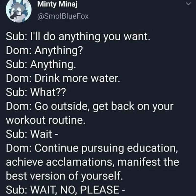Humorous meme from Pleated Jeans featuring a humorous dialogue about motivation and self-improvement.