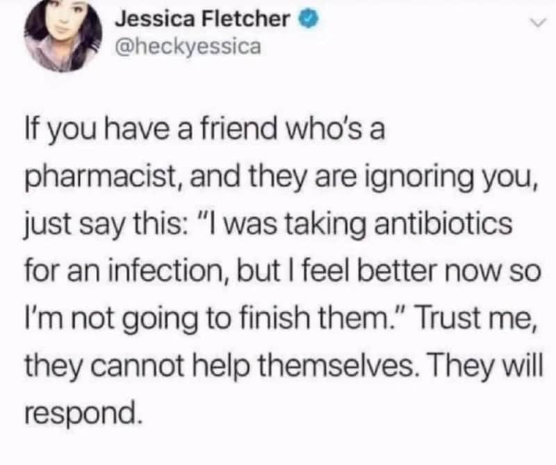 Humorous meme from Pleated Jeans featuring a funny quote about friends and pharmacists.