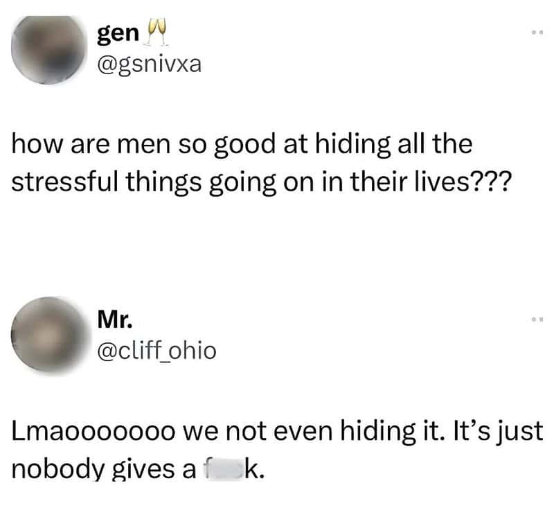 Humorous meme from Pleated Jeans about men hiding stress.