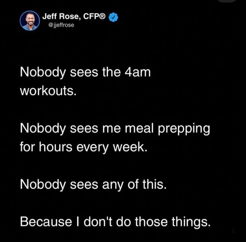Humorous meme about early morning workouts and meal prep.