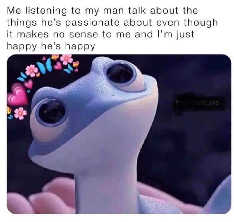 Funny meme of a happy animated character with flowers, expressing joy about passionate conversation.