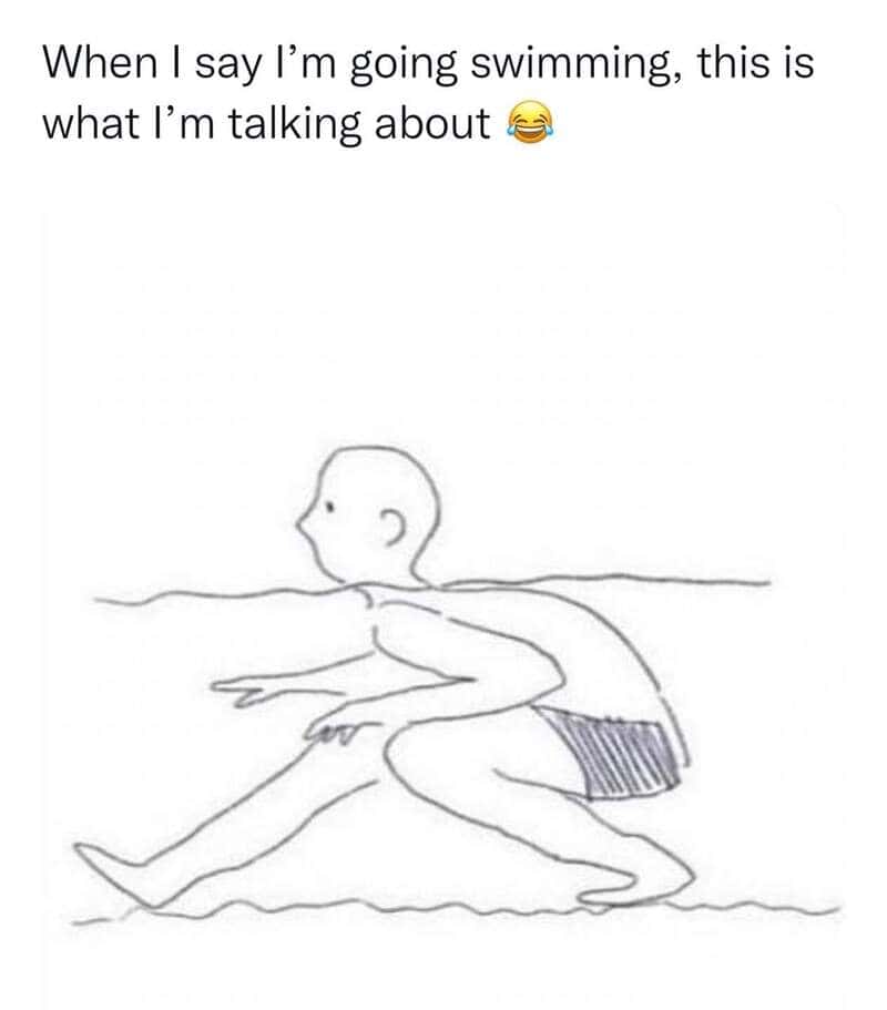 Funny drawing of a person in swimming trunks making a humorous gesture.