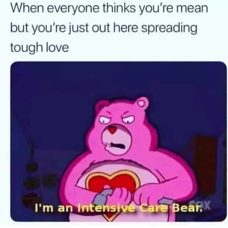 Pink Care Bear with a serious expression holding a heart, captioned "I'm an intensive Care Bear".