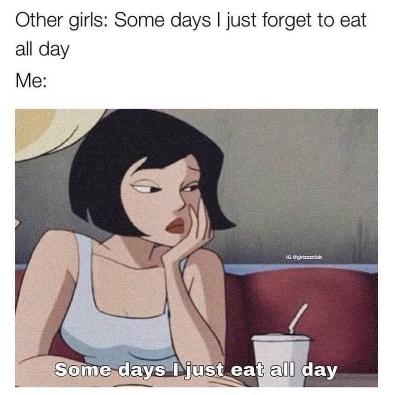 Cartoon woman looking bored with food container, humorous meme about forgetting to eat all day.