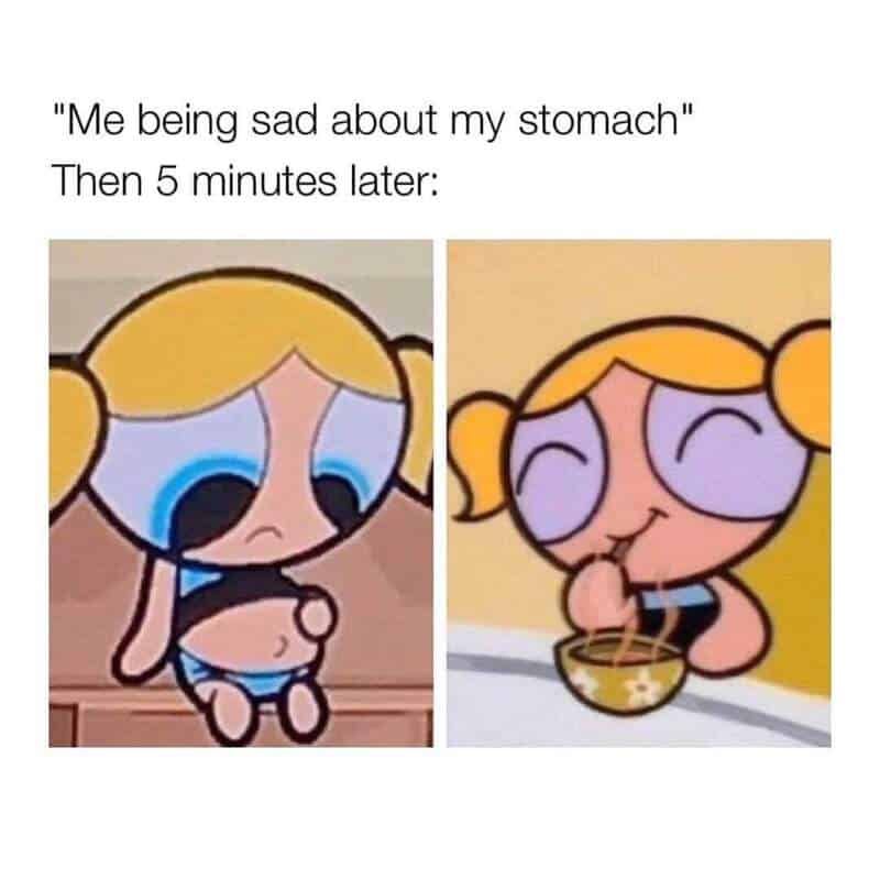 Cartoon girl sad then happy after eating, funny relatable meme.
