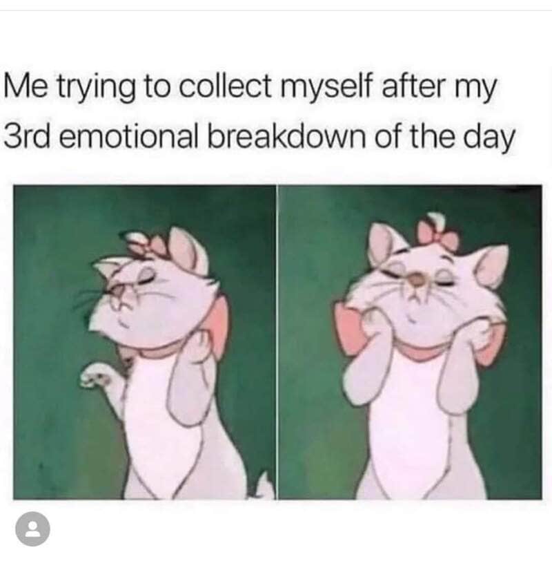 Cartoon cat expressing emotional exhaustion after a tough day.