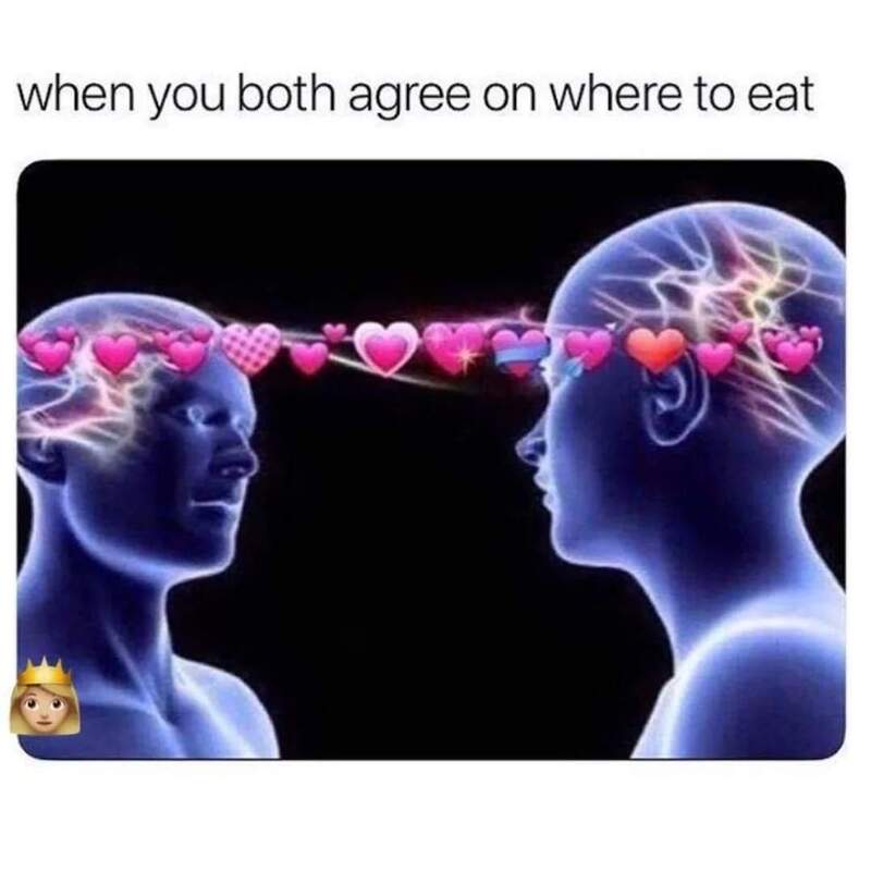 Funny meme showing two digital human brains with hearts connecting, symbolizing mutual agreement on.