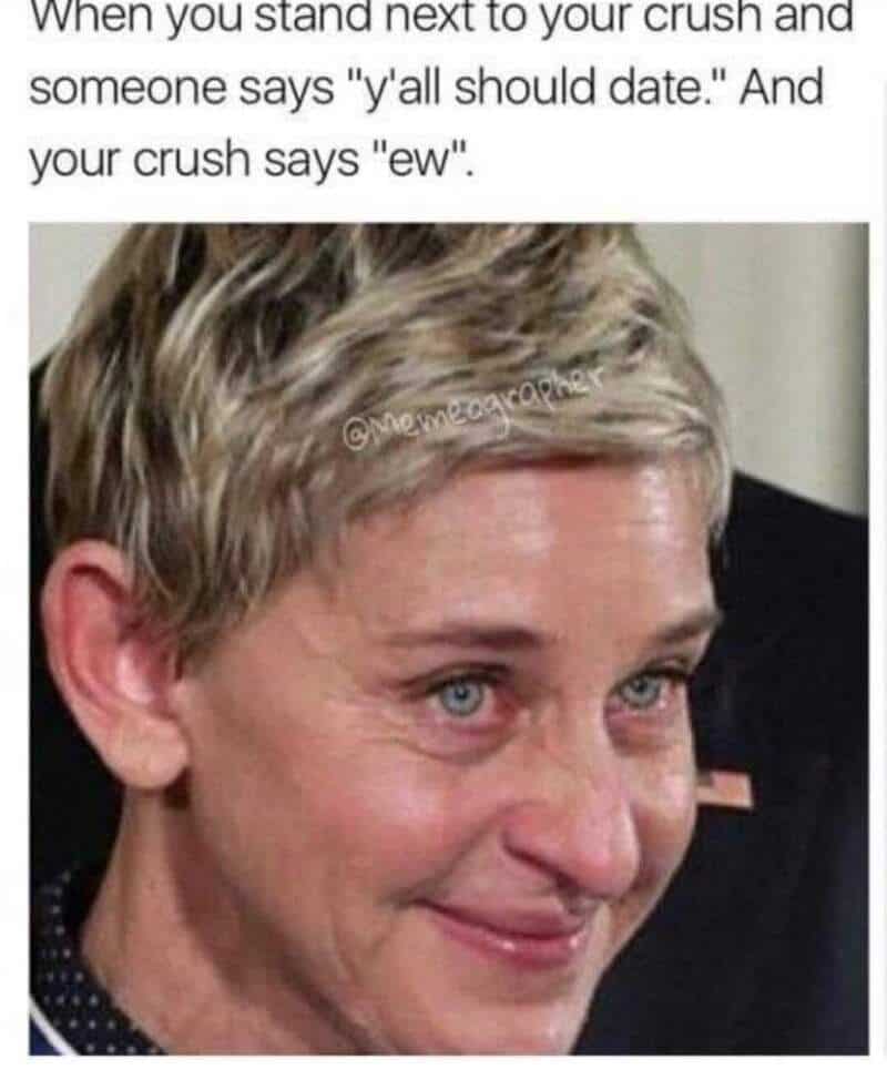 Hilarious meme showing a woman’s awkward smile when her crush responds with "ew".