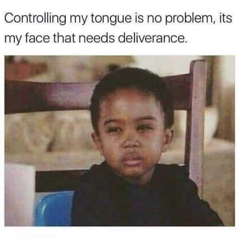 Funny meme of a young boy with a skeptical expression, caption about controlling the tongue.