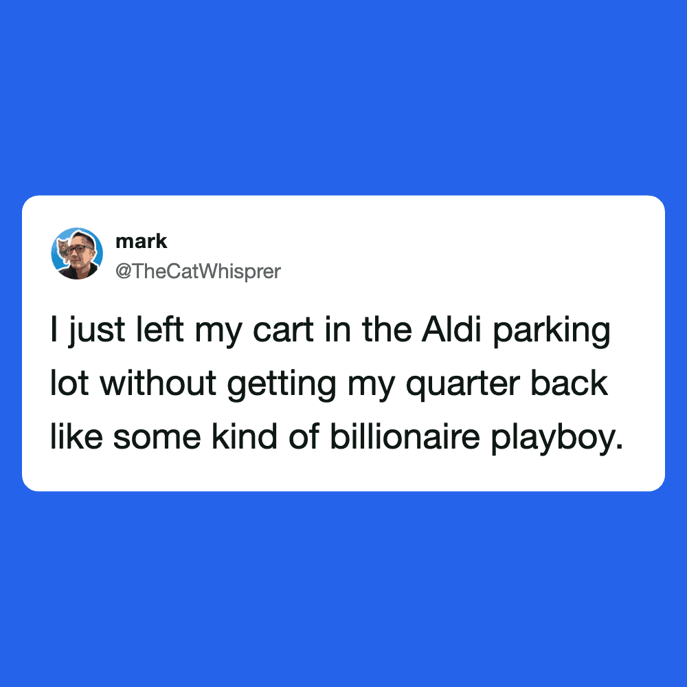 Cart abandoned in Aldi parking lot, humorous tweet about leaving it behind.
