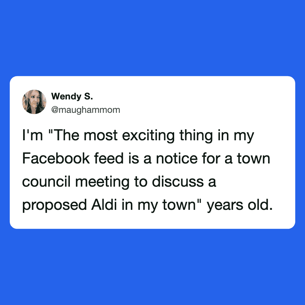 Screenshot of a tweet discussing Aldi and a town council meeting.