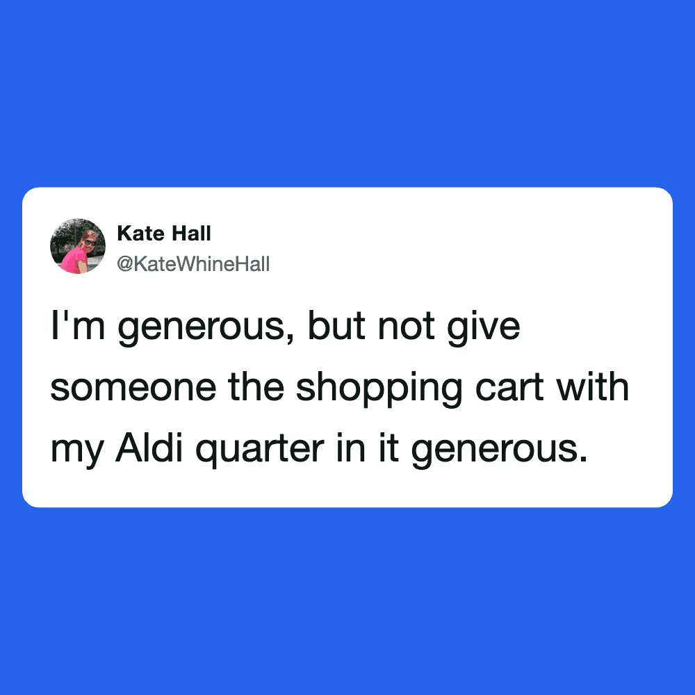 Humorous meme of Aldi tweet about generosity and shopping cart.