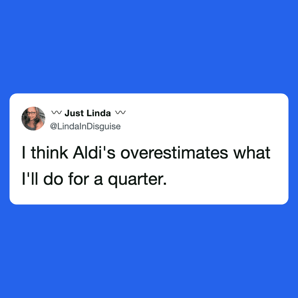 Humorous Aldi tweets about overestimating savings and shopping habits.