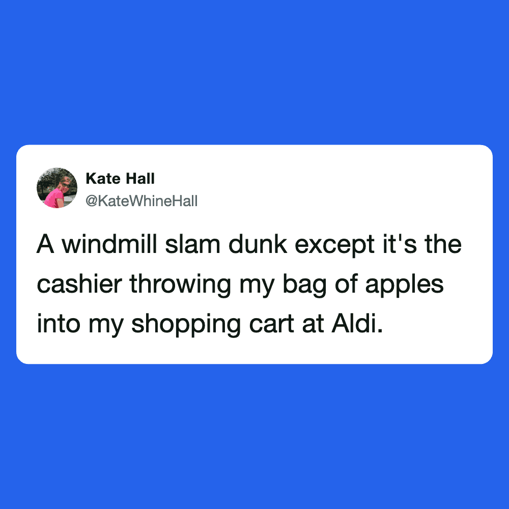 Humorous Aldi tweet about a cashier throwing apples into a shopping cart.