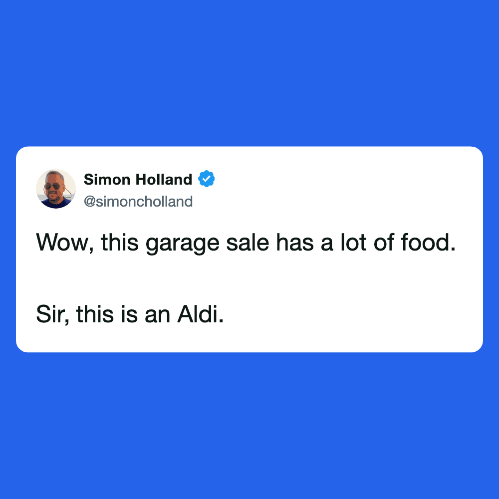 Funny Aldi tweet about food at a garage sale.