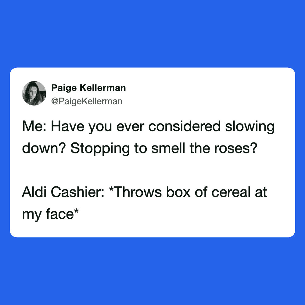 Aldi cashier throwing cereal box at customer face in humorous tweet.