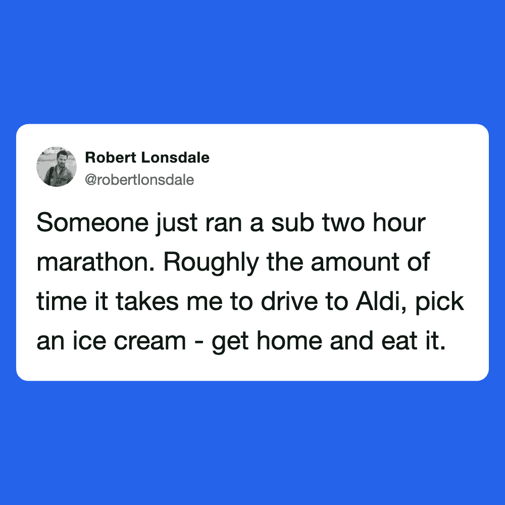 A humorous tweet about a two-hour marathon to Aldi for ice cream.