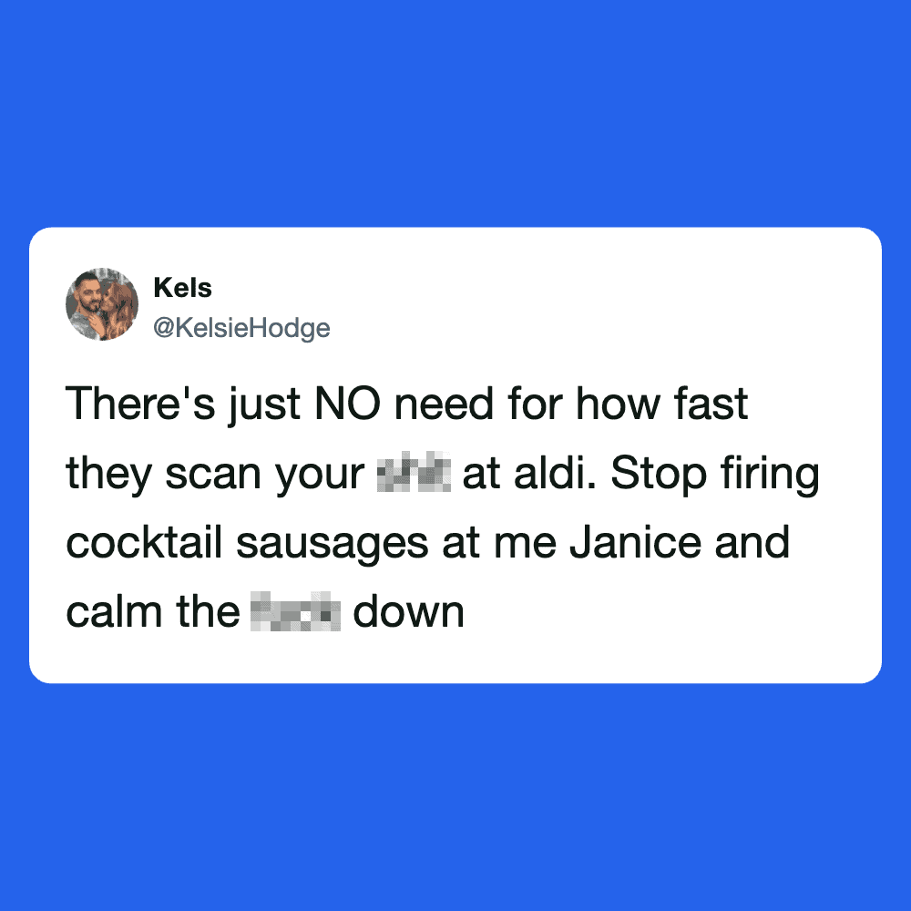 A humorous tweet about Aldi's fast scan times and customer interactions.