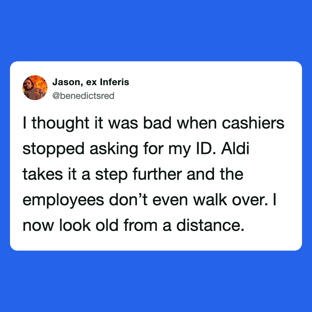 Aldi cashier ID issue tweet, humorous take on store security.