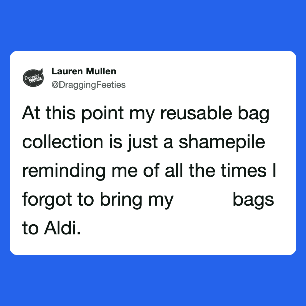 Reusable shopping bag with Aldi logo, humorous tweet about forgetting bags.