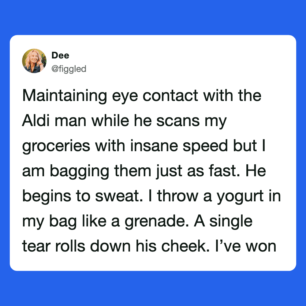 Humorous image inspired by Aldi tweets about grocery shopping speed.