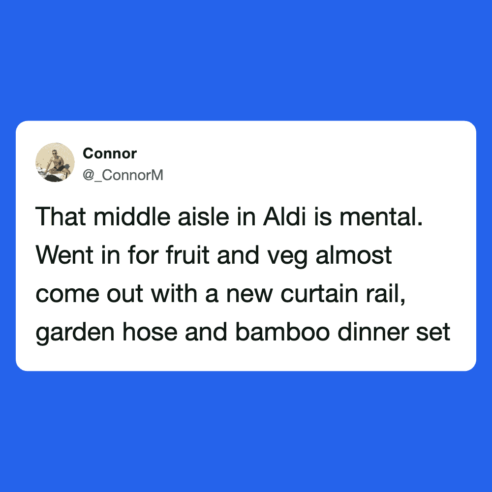 Humorous Aldi tweet about mental shopping list and garden hose.