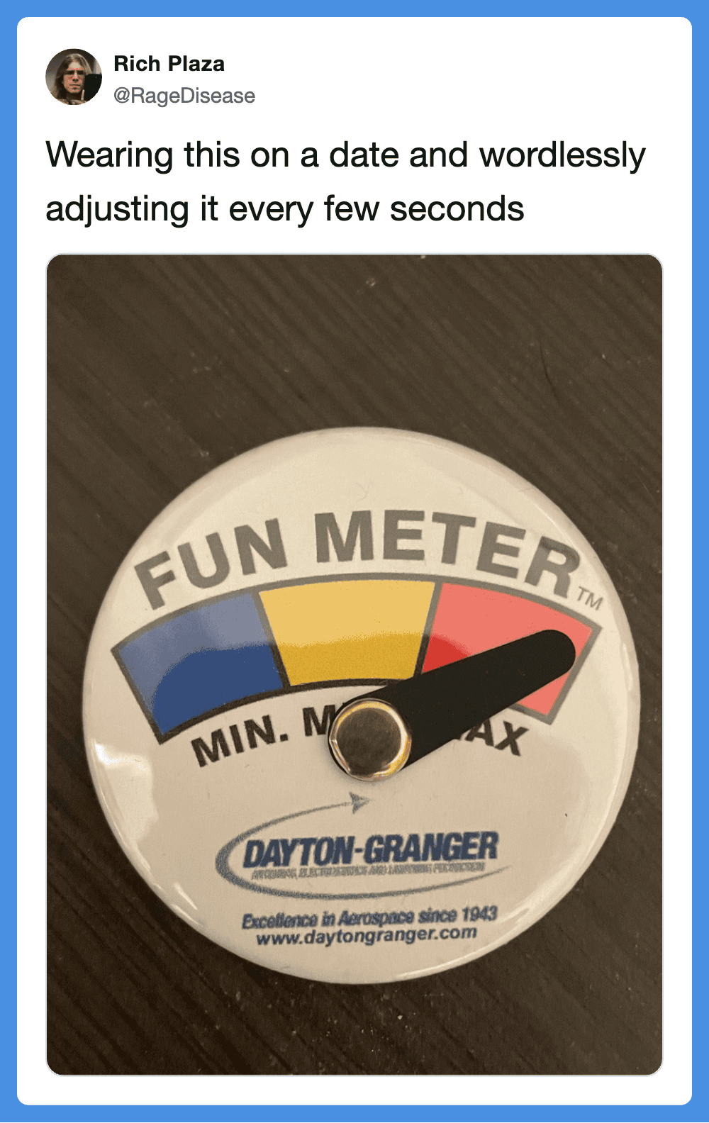 Wearing a fun meter gauge on a date, adjusting it every few seconds, with a Dayton-Granger logo.